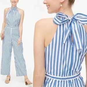 J. Crew Blue and White Striped Cotton Blend Tie-back halter jumpsuit Size 6.